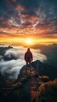 een Mens Aan top van een berg top met visie van wolken en zonsopkomst foto