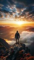 een Mens Aan top van een berg top met visie van wolken en zonsopkomst foto