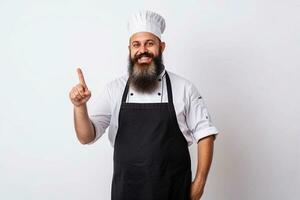 een Mens chef met een baard en snor in een wit uniform groeten klanten. wit achtergrond. foto