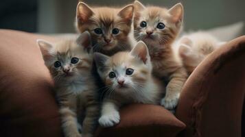 een groep van aanbiddelijk kittens geknuffeld omhoog samen foto
