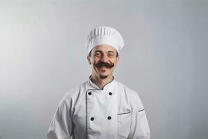 een Mens chef met een baard en snor in een wit uniform groeten klanten. wit achtergrond. foto