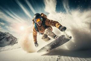 een jong Mens Aan een snowboard haast Bij Super goed snelheid van een besneeuwd berg. extreem sport. Gaan pro breed hoek schot. foto