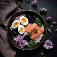 heerlijk maaltijd van verschillend , ei, Zalm, granen tomaten, sesam zaden en zeewier in zwart bord, Aziatisch keuken. generatief ai. foto