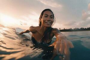 mooi meisje surfer in de water in beweging, ze is overweldigd met emoties. extreem sport. Gaan pro breed hoek schot foto