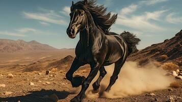 een zwart paard rennen over- de woestijn foto