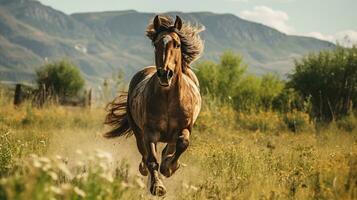 een paard rennen Aan de breed gras foto