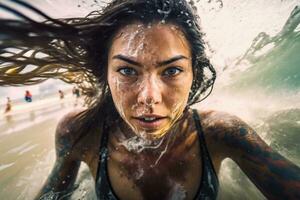 mooi meisje surfer in de water in beweging, ze is overweldigd met emoties. extreem sport. Gaan pro breed hoek schot foto