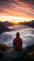 een vrouw Aan top van een berg top met visie van wolken en zonsopkomst foto