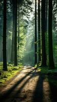 een Woud met bomen en een pad in de ochtend- met de zon schijnend Aan de straat foto