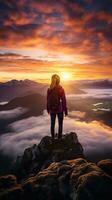 een vrouw Aan top van een berg top met visie van wolken en zonsopkomst foto