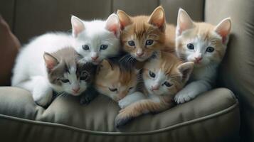 een groep van aanbiddelijk kittens geknuffeld omhoog samen foto
