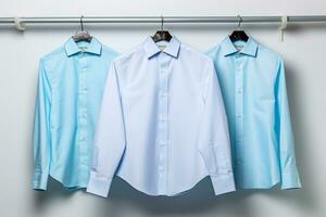 Mannen lang mouwen blauw overhemd Aan hanger. generatief ai. foto