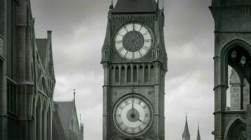 ai gegenereerd. ai generatief - oude klokkentoren weeft geschiedenis in bruisend stadsgezicht foto