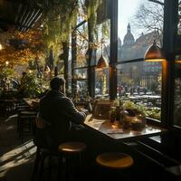 Mens zittend met koffie kop Bij cafe in ochtend. generatief ai. foto