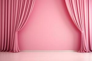 roze gordijnen achtergrond Aan fase. kleurrijk gordijn en muur Aan leeg kamer. kopiëren ruimte, illustratie. generatief ai foto