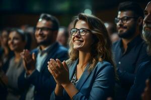 zakenvrouw deelnemer klappen na een motiverende grondtoon toespraak. jong vrouw zittend in een druk publiek Bij een bedrijf conferentie. generatief ai, illustratie foto