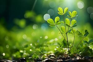 groen bladeren in de tuin gedurende zomer onder zonlicht met bokeh. natuur van groen blad in park. natuurlijk groen bladeren planten gebruik makend van net zo groen behang. generatief ai, illustratie foto