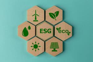 esg concept van milieu. esg of milieu sociaal bestuur. de bedrijf ontwikkelde een natuur behoud strategie, groen energie, schoon energie foto