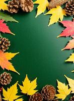 herfst achtergrond met pijnboom kegels en esdoorn- bladeren Aan een groen achtergrond generatief ai foto