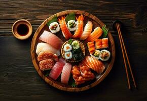 Japans keuken. sushi reeks Aan een ronde bord over- donker houten achtergrond., bovenaan visie. generatief ai. foto