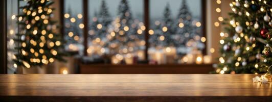 leeg woooden tafel top met abstract warm leven kamer decor met Kerstmis boom draad licht vervagen achtergrond met sneeuw, vakantie achtergrond, nep omhoog banier voor Scherm van adverteren Product.. ai gegenereerd foto