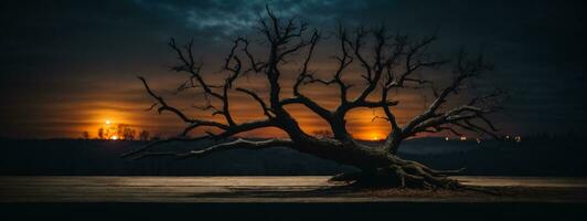 oud hout tafel en silhouet dood boom Bij nacht voor halloween achtergrond.. ai gegenereerd foto