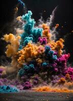 abstract poeder splatted achtergrond. kleurrijk poeder explosie Aan wit achtergrond. gekleurde wolk. kleurrijk stof ontploffen. verf holi. ai gegenereerd foto