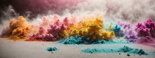 abstract poeder splatted achtergrond. kleurrijk poeder explosie Aan wit achtergrond. gekleurde wolk. kleurrijk stof ontploffen. verf holi. ai gegenereerd foto