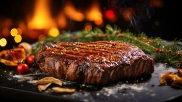 rundvlees steak met bruin korst gegrild Aan oven. generatief ai foto