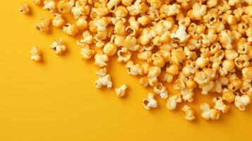 verspreide popcorn in karamel Aan een geel achtergrond. banier voor bioscoop foto