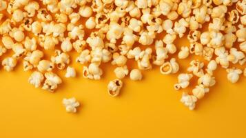 verspreide popcorn in karamel Aan een geel achtergrond. banier voor bioscoop foto