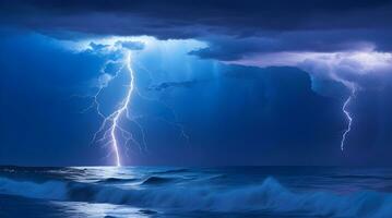 elektriserend bliksem storm dans over- de majestueus oceaan horizon. ai gegenereerd foto