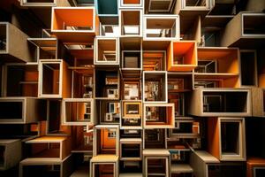 abstract achtergrond van houten dozen. 3d veroorzaken. modern architectuur. genest dozen, de dozen zijn met elkaar verbonden door buizen, ai gegenereerd foto