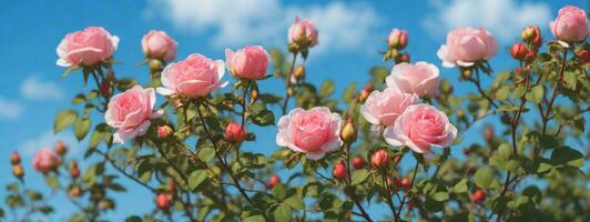 mooi voorjaar grens, bloeiend roos struik Aan een blauw achtergrond. bloeiend roos heupen tegen de blauw lucht. zacht selectief focus. ai gegenereerd foto