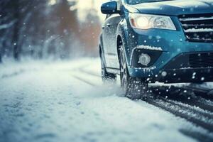 auto het rijden Aan besneeuwd weg in winter Woud. generatief ai foto