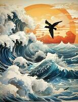 zee golven en zeevogels, groot zon illustratie foto