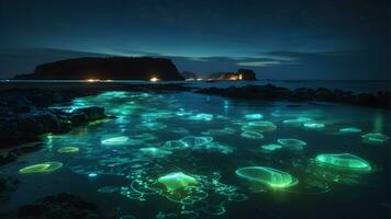 betoverend bioluminescent plankton dans in de middernacht oceaan gloed foto