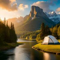 panoramisch visie met camping tenten in rivier, bergen en Woud Oppervlakte concept in winter, zomer en de lente. mooi zo voor websites, blogs, sociaal media, reclame, bedrijf enz. ai gegenereerd beeld foto