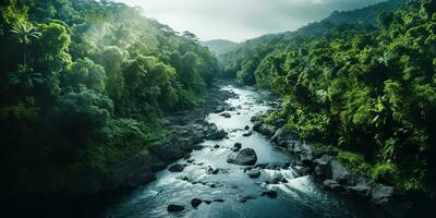 generatief ai, groen mooi amazone oerwoud landschap met bomen en rivier, dar visie foto