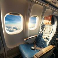 reclame vliegtuig vlucht vervoer met passagier stoel interieur met leeg stoel object, bewolkt lucht visie van binnen venster. beeld van generatief ai foto