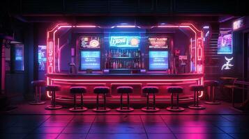 generatief ai, cyberpunk stijl bar of cafe. nacht tafereel van groot stad, futuristische nostalgisch jaren 80, jaren 90. neon lichten levendig kleuren, fotorealistisch horizontaal illustratie. foto