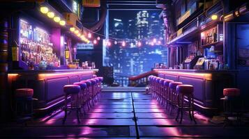 generatief ai, cyberpunk stijl bar of cafe. nacht tafereel van groot stad, futuristische nostalgisch jaren 80, jaren 90. neon lichten levendig kleuren, fotorealistisch horizontaal illustratie. foto
