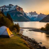 panoramisch visie met camping tenten in rivier, bergen en Woud Oppervlakte concept in winter, zomer en de lente. mooi zo voor websites, blogs, sociaal media, reclame, bedrijf enz. ai gegenereerd beeld foto