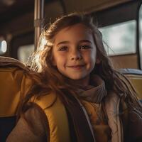 weinig kind school- meisje en bus. generatief ai foto