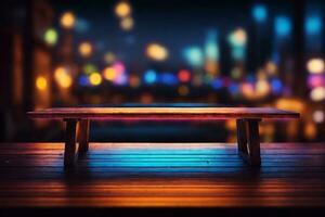 houten tafel, wazig bokeh achtergrond achtergrond. neon licht, nacht visie, detailopname. de algemeen achtergrond van de interieur, een donker achtergrond.. ai gegenereerd foto