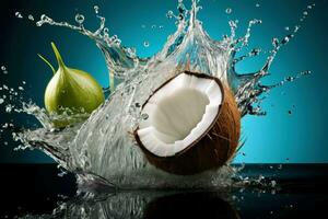 verfrissend gebarsten water kokosnoot. genereren ai foto