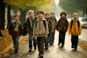 elementair studenten wandelen school. genereren ai foto