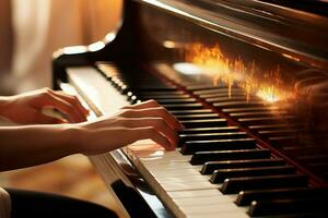 melodieus handen spelen piano. genereren ai foto