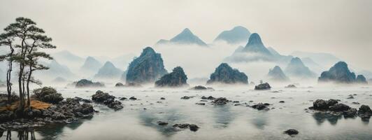 Chinese inkt en water landschap schilderen. ai gegenereerd foto