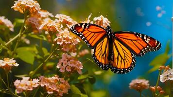 een monarch vlinder voortreffelijk ballet temidden van van de natuur pracht. ai gegenereerd foto